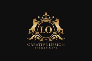 initial LO Retro golden crest with circle and two horses, badge template with scrolls and royal crown - perfect for luxurious branding projects vector