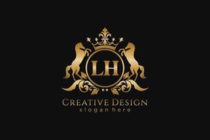 initial LH Retro golden crest with circle and two horses, badge template with scrolls and royal crown - perfect for luxurious branding projects vector