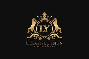 initial LY Retro golden crest with circle and two horses, badge template with scrolls and royal crown - perfect for luxurious branding projects vector