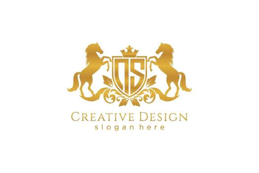 initial NS Retro golden crest with shield and two horses, badge template with scrolls and royal crown - perfect for luxurious branding projects vector