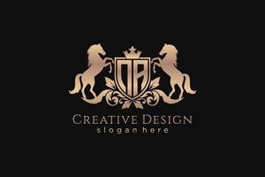 initial NA Retro golden crest with shield and two horses, badge template with scrolls and royal crown - perfect for luxurious branding projects vector