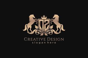 initial NZ Retro golden crest with shield and two horses, badge template with scrolls and royal crown - perfect for luxurious branding projects vector