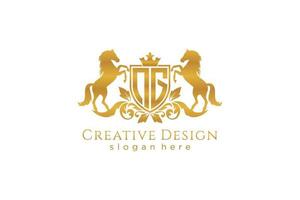 initial NG Retro golden crest with shield and two horses, badge template with scrolls and royal crown - perfect for luxurious branding projects vector