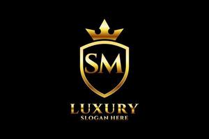 Priinitial SM elegant luxury monogram logo or badge template with scrolls and royal crown - perfect for luxurious branding projectsnt vector