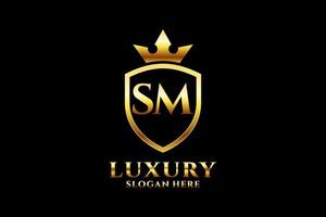 Priinitial SM elegant luxury monogram logo or badge template with scrolls and royal crown - perfect for luxurious branding projectsnt vector