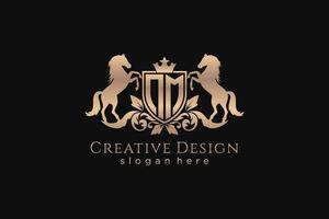 initial NM Retro golden crest with shield and two horses, badge template with scrolls and royal crown - perfect for luxurious branding projects vector