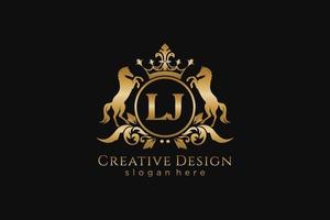 initial LJ Retro golden crest with circle and two horses, badge template with scrolls and royal crown - perfect for luxurious branding projects vector