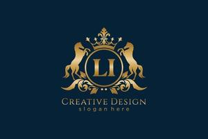 initial LI Retro golden crest with circle and two horses, badge template with scrolls and royal crown - perfect for luxurious branding projects vector