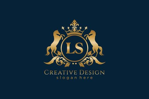 initial LS Retro golden crest with circle and two horses, badge template with scrolls and royal crown - perfect for luxurious branding projects vector