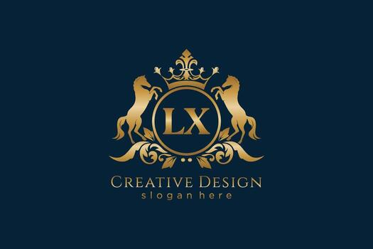 initial LX Retro golden crest with circle and two horses, badge template with scrolls and royal crown - perfect for luxurious branding projects vector
