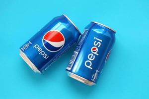 TERNOPIL, UKRAINE - MAY 28, 2022 Cold Pepsi drink can. Pepsi is a carbonated soft drink produced by PepsiCo photo