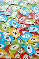 TERNOPIL, UKRAINE - MAY 15, 2022 Many colorful UNO game cards. UNO is an American shedding-type card game that is played with a specially printed deck photo