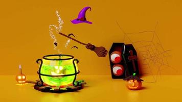 Fiesta navideña de calabaza de halloween 3d con calabaza en olla hirviendo, escoba, cráneo, ataúd, ojo, luz de vela, telaraña, murciélago de sombrero de bruja para feliz halloween, animación 3d, alfa, aislado en habitación naranja video