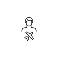 Monochrome sign drawn with black thin line. Modern vector symbol perfect for sites, apps, books, banners etc. Line icon of flying airplane next to faceless man