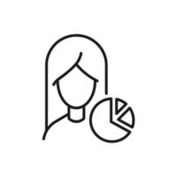 Profession, occupation, hobby of woman. Outline sign drawn with black thin line. Editable stroke. Vector monochrome line icon of pie chart by female