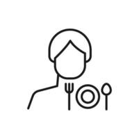 Hobby, business, profession of man. Modern vector outline symbol in flat style with black thin line. Monochrome icon of spoon, fork and plate by anonymous male