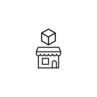 Store and shop concept. Outline sign suitable for web sites, stores, shops, internet, advertisement. Editable stroke drawn with thin line. Icon of cube over store vector