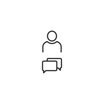 signo en blanco y negro adecuado para publicidad, sitios web, tiendas, tiendas, aplicaciones. trazo editable dibujado con una delgada línea negra. icono vectorial del usuario junto a burbujas de voz rectangulares vector