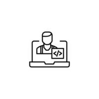 Simple black and white illustration drawn with thin line. Perfect for advertisement, internet shops, stores. Editable stroke. Vector line icon of programmer or developer on laptop monitor