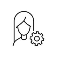 Profession, occupation, hobby of woman. Outline sign drawn with black thin line. Editable stroke. Vector monochrome line icon of gear or cogwheel by female
