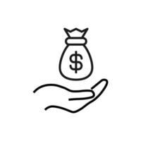apoyo, presente, signos de caridad. símbolo monocromo para sitios web, tiendas, comercios y otras instalaciones. trazo editable. icono de línea vectorial de bolsa de dinero sobre mano extendida vector