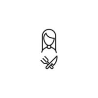Vector signs drawn in flat style with thin black line. Editable stroke. Suitable for adverts, books, articles, banners. Line icon of crossed fork and knife next to faceless woman