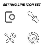 Simple monochrome vector symbols suitable for apps, books, stores, shops etc. Line icons set with signs of screwdriver and hammer, gear, cogwheel by smartphone