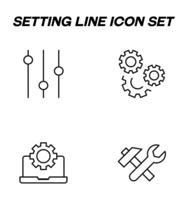 Simple monochrome vector symbols suitable for apps, books, stores, shops etc. Line icons set with signs of regulator, gear, hammer and wrench, cogwheel by laptop