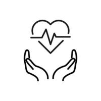 Support, present and charity concept. Modern vector sign drawn with black thin line. Editable stroke. Vector line icon of pulse inside of heart over outstretched hands