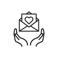 Support, present and charity concept. Modern vector sign drawn with black thin line. Editable stroke. Vector line icon of heart inside of letter in envelope over outstretched hands