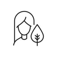 Profession, occupation, hobby of woman. Outline sign drawn with black thin line. Editable stroke. Vector monochrome line icon of leaf or tree by female