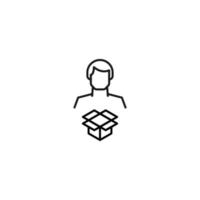 Monochrome sign drawn with black thin line. Modern vector symbol perfect for sites, apps, books, banners etc. Line icon of opened box next to faceless man