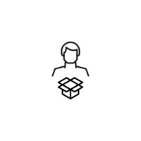 Monochrome sign drawn with black thin line. Modern vector symbol perfect for sites, apps, books, banners etc. Line icon of opened box next to faceless man