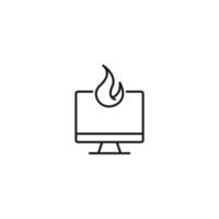 Item on pc monitor. Outline sign suitable for web sites, apps, stores etc. Editable stroke. Vector monochrome line icon of fire or flame on computer monitor