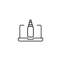 Simple black and white illustration drawn with thin line. Perfect for advertisement, internet shops, stores. Editable stroke. Vector line icon of cosmetic bottle for gel or shampoo on laptop monitor