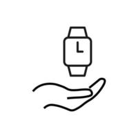 Support, present, charity signs. Monochrome symbol for web sites, stores, shops and other facilities. Editable stroke. Vector line icon of clock over outstretched hand