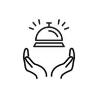 Support, present and charity concept. Modern vector sign drawn with black thin line. Editable stroke. Vector line icon of bowl with cloche over outstretched hands