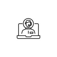 Simple black and white illustration drawn with thin line. Perfect for advertisement, internet shops, stores. Editable stroke. Vector line icon of astronaut or spaceman on laptop monitor