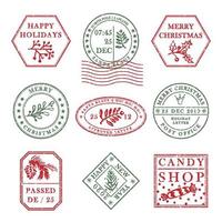 Set of vintage textured grunge christmas stamp rubber with holiday symbols in red, green and blue colors. For xmas greeting card, invitations, web banner, sale flyers retro design vector