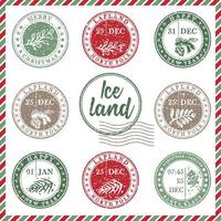 conjunto de goma de sello de Navidad de grunge con textura vintage con símbolos de vacaciones en colores rojo, verde y azul. para tarjetas de felicitación navideñas, invitaciones, banner web, volantes de venta diseño retro vector