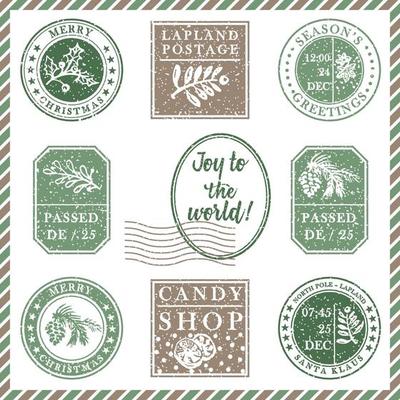Set of vintage textured grunge christmas stamp rubber with holiday symbols in red, green and blue colors. For xmas greeting card, invitations, web banner, sale flyers retro design