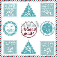 Set of vintage textured grunge christmas stamp rubber with holiday symbols in red, green and blue colors. For xmas greeting card, invitations, web banner, sale flyers retro design vector