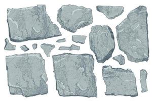 Stone set. Cartoon art broken rock blocks. Realistic texture debris mountain isolated on white. Natural boulder wall shape. Watercolor style. Cliff beach color stones. Vector illustration