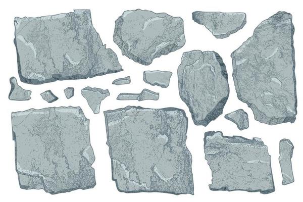 Stone set. Cartoon art broken rock blocks. Realistic texture debris mountain isolated on white. Natural boulder wall shape. Watercolor style. Cliff beach color stones. Vector illustration