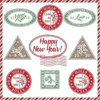 Set of vintage textured grunge christmas stamp rubber with holiday symbols in red, green and blue colors. For xmas greeting card, invitations, web banner, sale flyers retro design vector