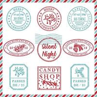 Set of vintage textured grunge christmas stamp rubber with holiday symbols in red, green and blue colors. For xmas greeting card, invitations, web banner, sale flyers retro design vector