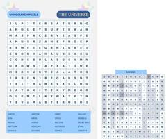 Printable word search puzzle. Fun vocabulary worksheet for learning English words. Find hidden words. Party card. Educational game for kid and adult. The universe theme.