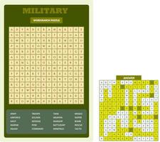 Rompecabezas de búsqueda de palabras para imprimir. Divertida hoja de trabajo de vocabulario para aprender palabras en inglés. encontrar palabras ocultas. tarjeta de fiesta juego educativo para niños y adultos. tema militar. vector