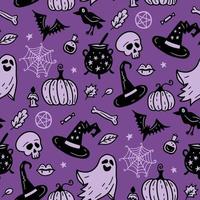 Violet seamless vector pattern, magic hand drawn doodle hat, pumpkin, ghost