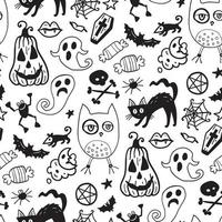 Monochrome seamless pattern of horror Halloween hand drawn doodle elements. vector